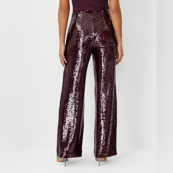Ann Taylor The Sequin Side Zip Wide Leg Pant Maroon - Picture 3 of 7